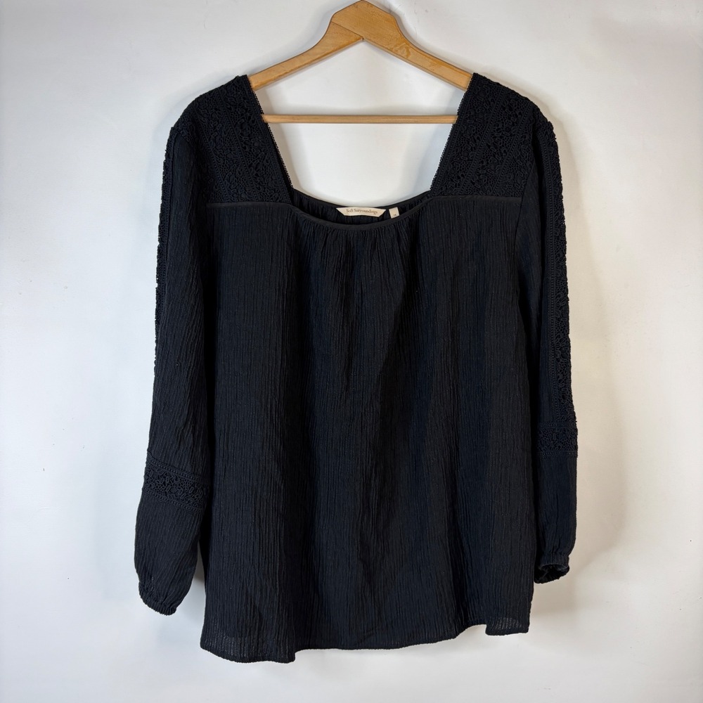 Soft Surroundings Blouse Women 1X Black Crochet Lace Trim Crinkle Peasant